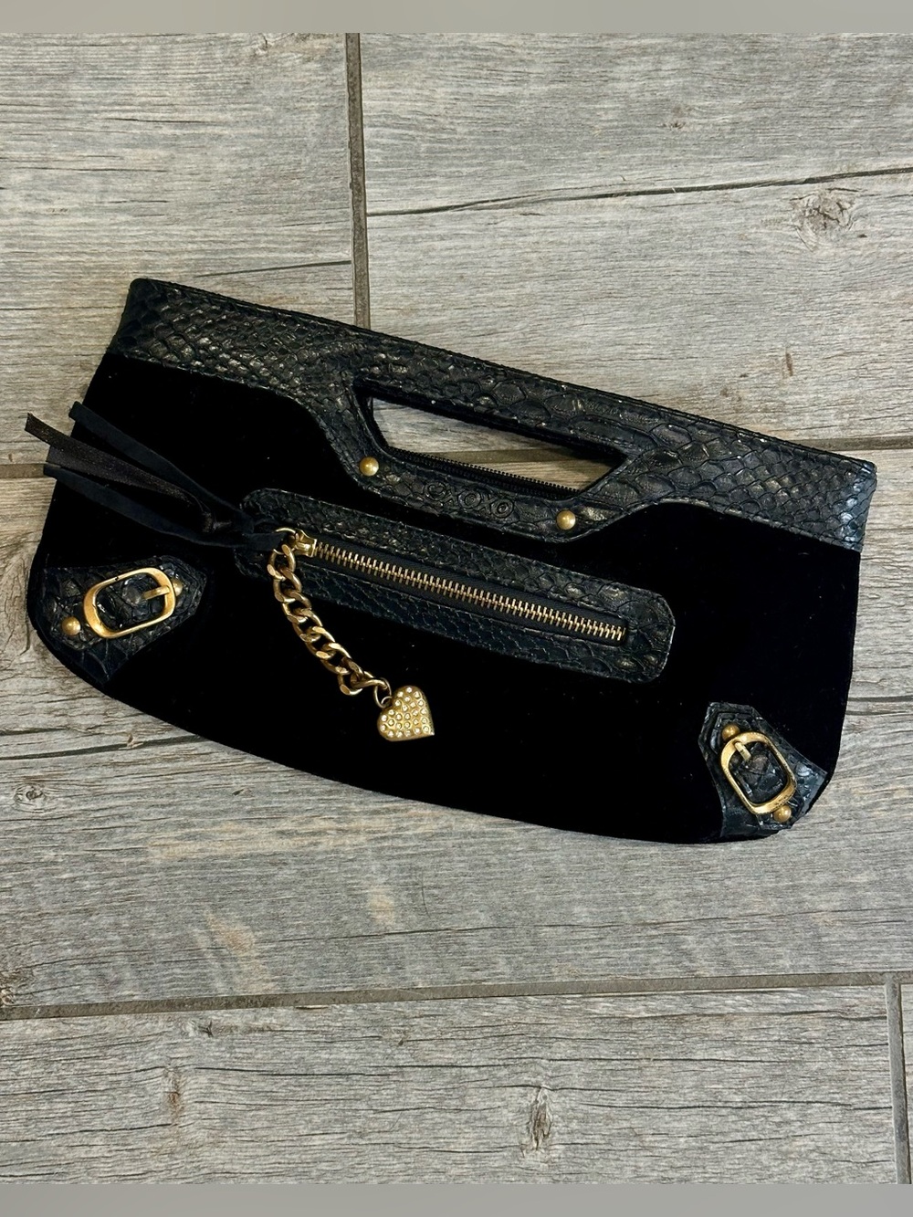 Y2K (2008) Black Velvet Faux Snakeskin Clutch w/ Gold-Tone Hardware/Satin Lining